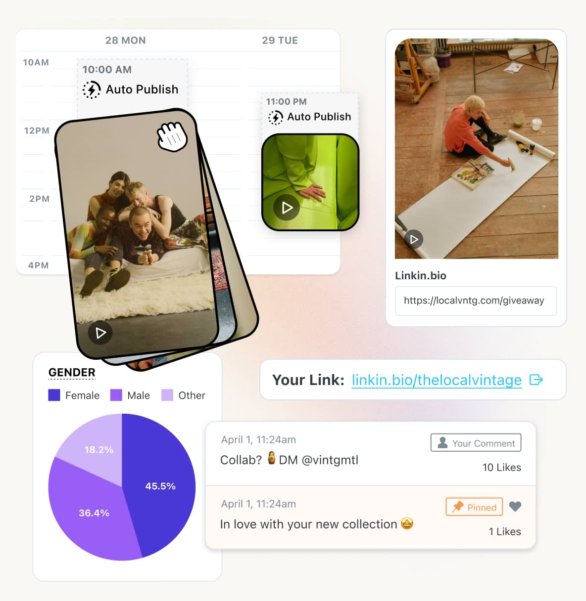 Auto schedule TikToks, manage comments, and create a custom link in bio with Laters TikTok Management tool