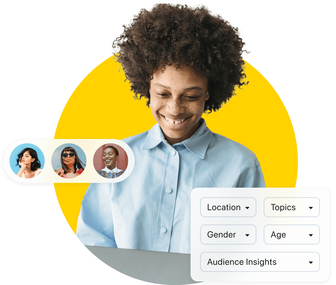 Brand ambassador with curly hair and chambray top next to Later Influencer search tool
