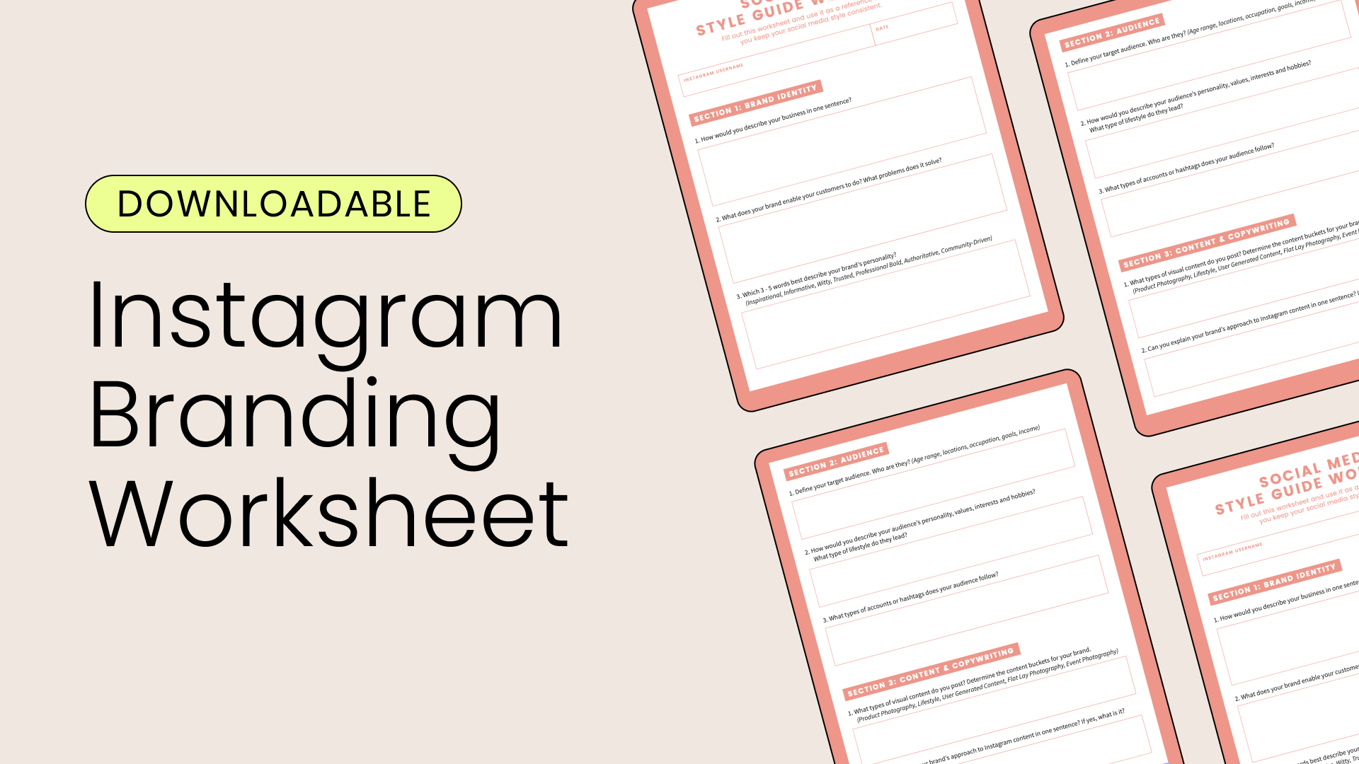 Image with text reading Downloadable Instagram Branding Worksheet on beige background with worksheet graphic