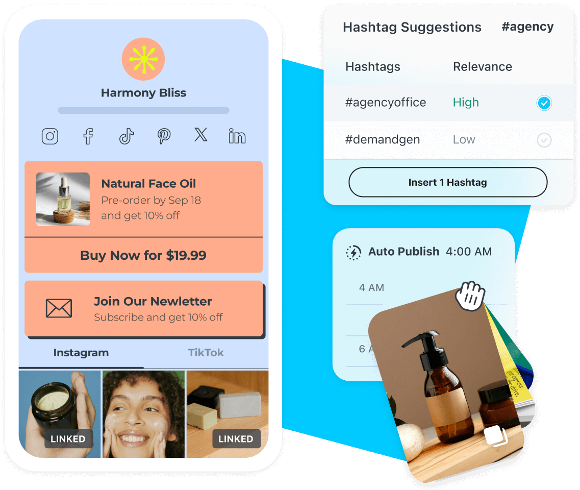 Small business uses Later and Link in Bio tools to auto post social content, make sales, track revenue and find hashtags