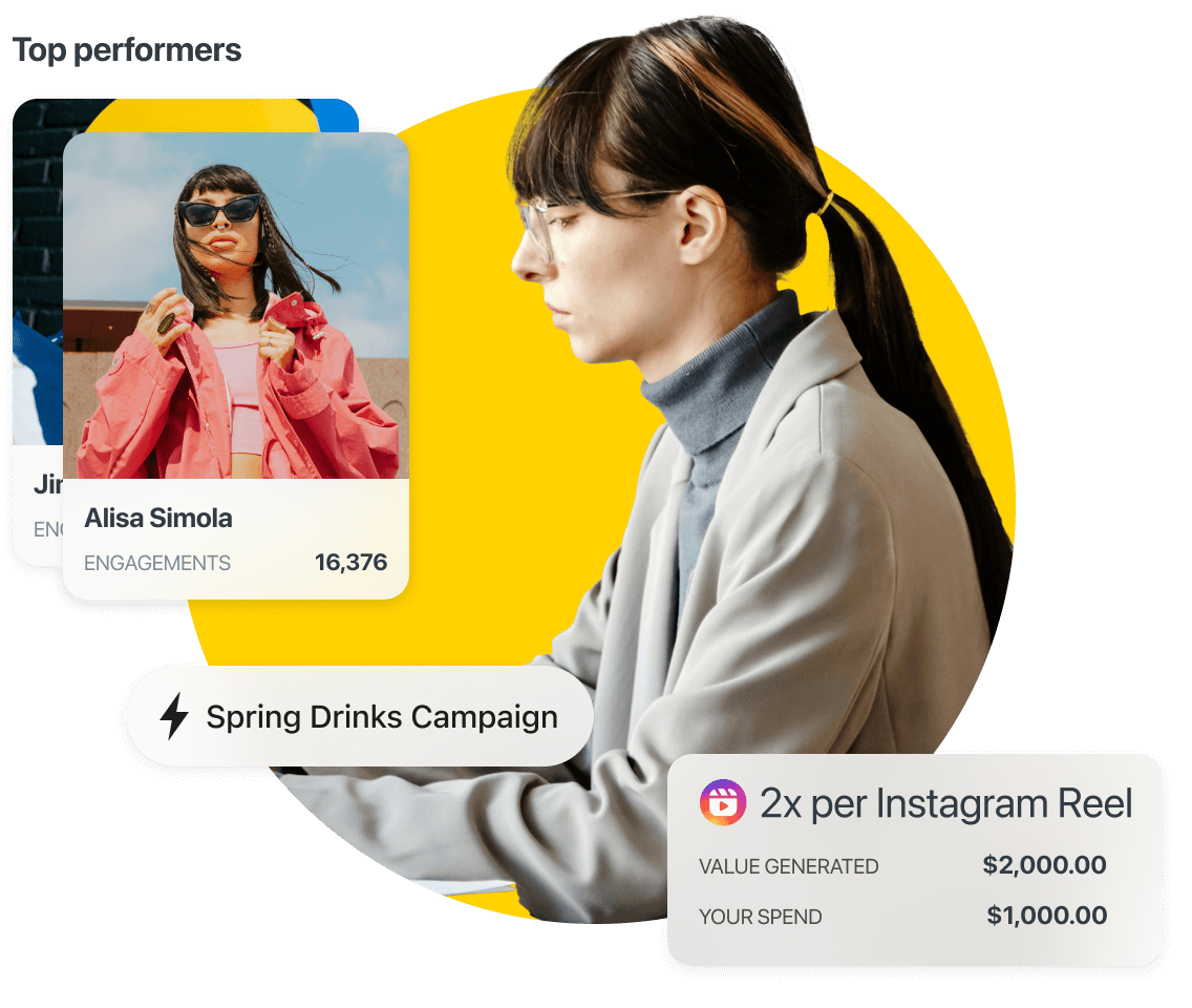 Later Influence dashboard shows top performing influencers, campaigns, and a 2x EMV for a brand