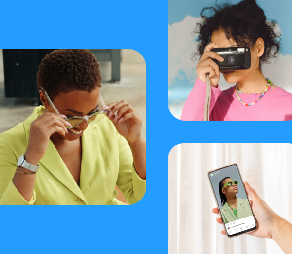 Collage of creator wearing sunglasses, hand holding phone, and person with digital camera on blue background