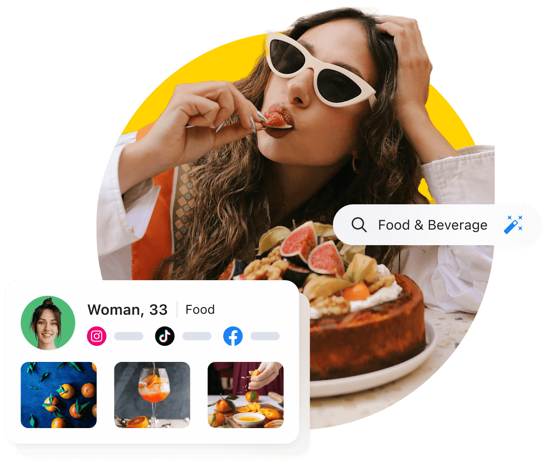 Creator poses in sunglasses while eating a cake next to still from the Later Influencer Index