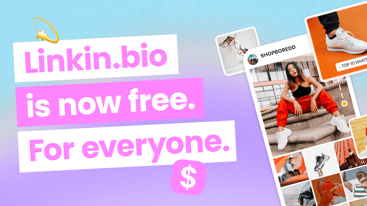 Thumbnail image showing the title “Linkin.bio is now free for everyone” beside images of social media posts