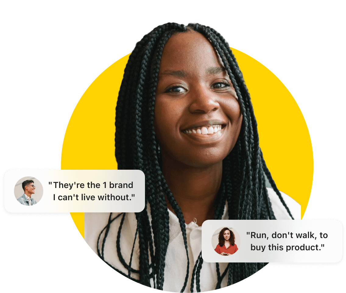 Woman smiles next to happy customer review