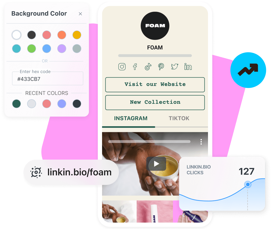 Later link in bio tool with customizable background colors and performance metrics