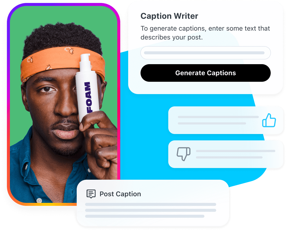 Images of Later caption writer next to a creator posing with skincare