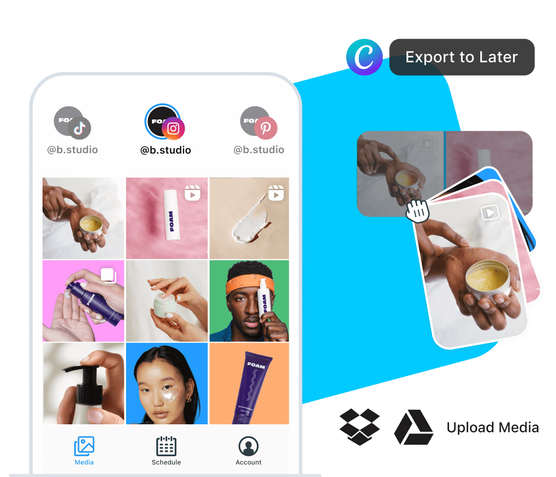 User schedules posts uploaded from Canva, Dropbox, and Google Drive from Media Library on TikTok, Instagram, and Pinterest
