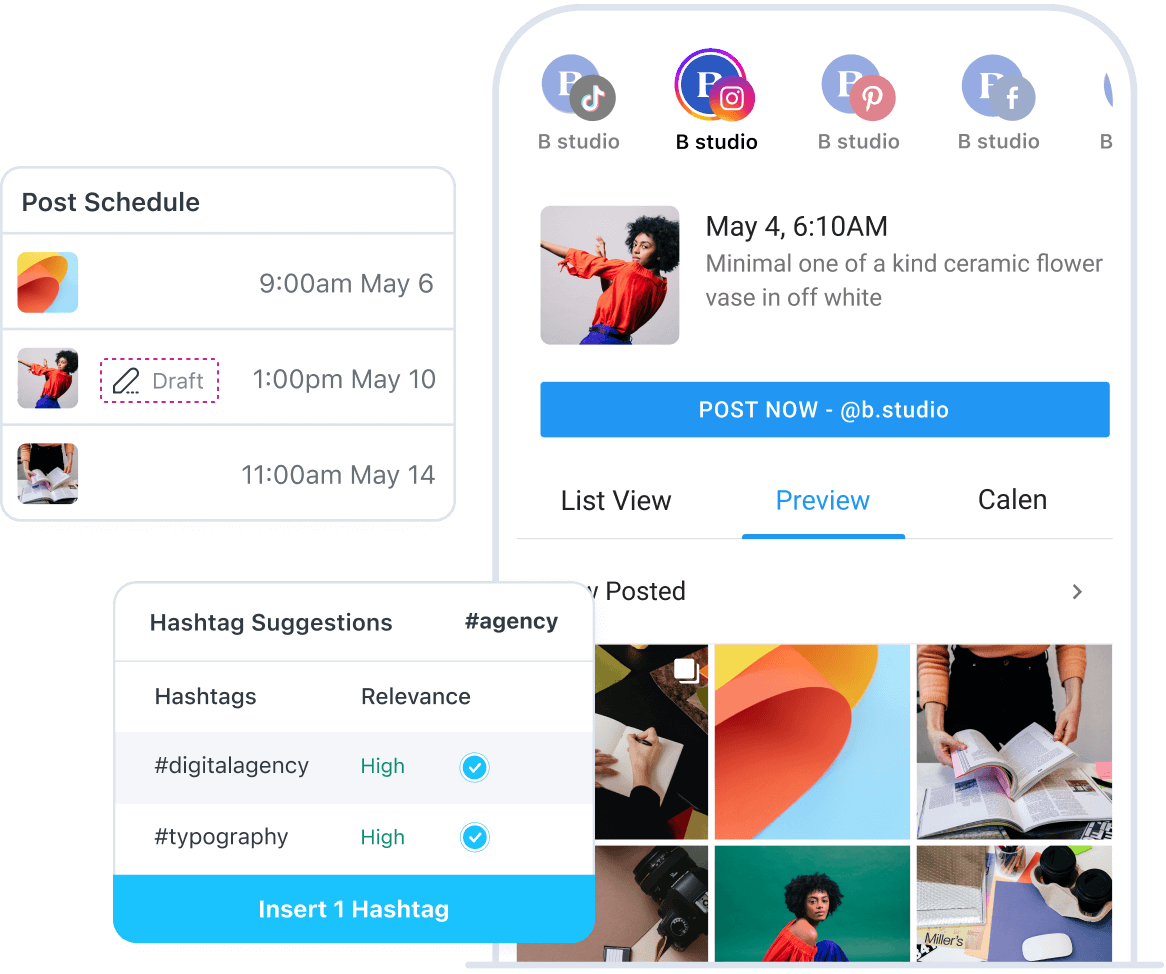 Manage Instagram content, schedule posts in advance, select hashtags and more in the Later mobile app