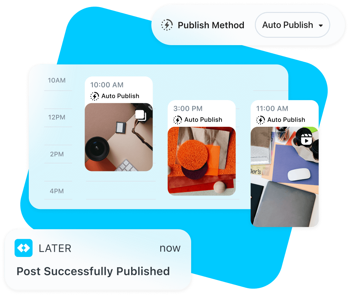 Later Auto Publish is used to auto post a carousel, a feed post, and a Reel to Instagram