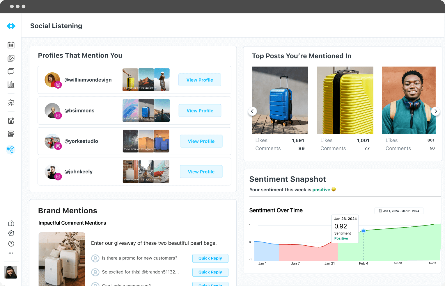 See profiles, posts and brands that mention you and customer sentiment analysis with the Later Social Listening tool