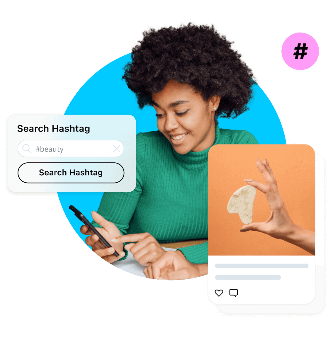 User searches by hashtag to find UGC to share to their social feeds