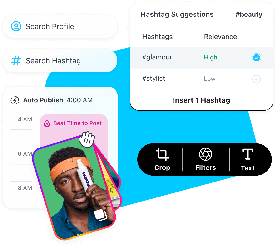 Search Profile, Search Hashtag, Auto Publish, Hashtag Suggestions and Content Creation editing tool features in Later