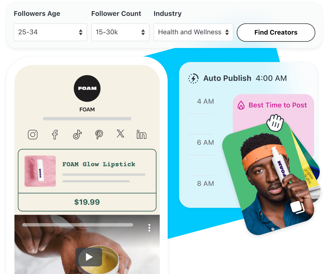 Later for Agencies features including the influencer search database, link in bio, auto publish, and the best time to post tool