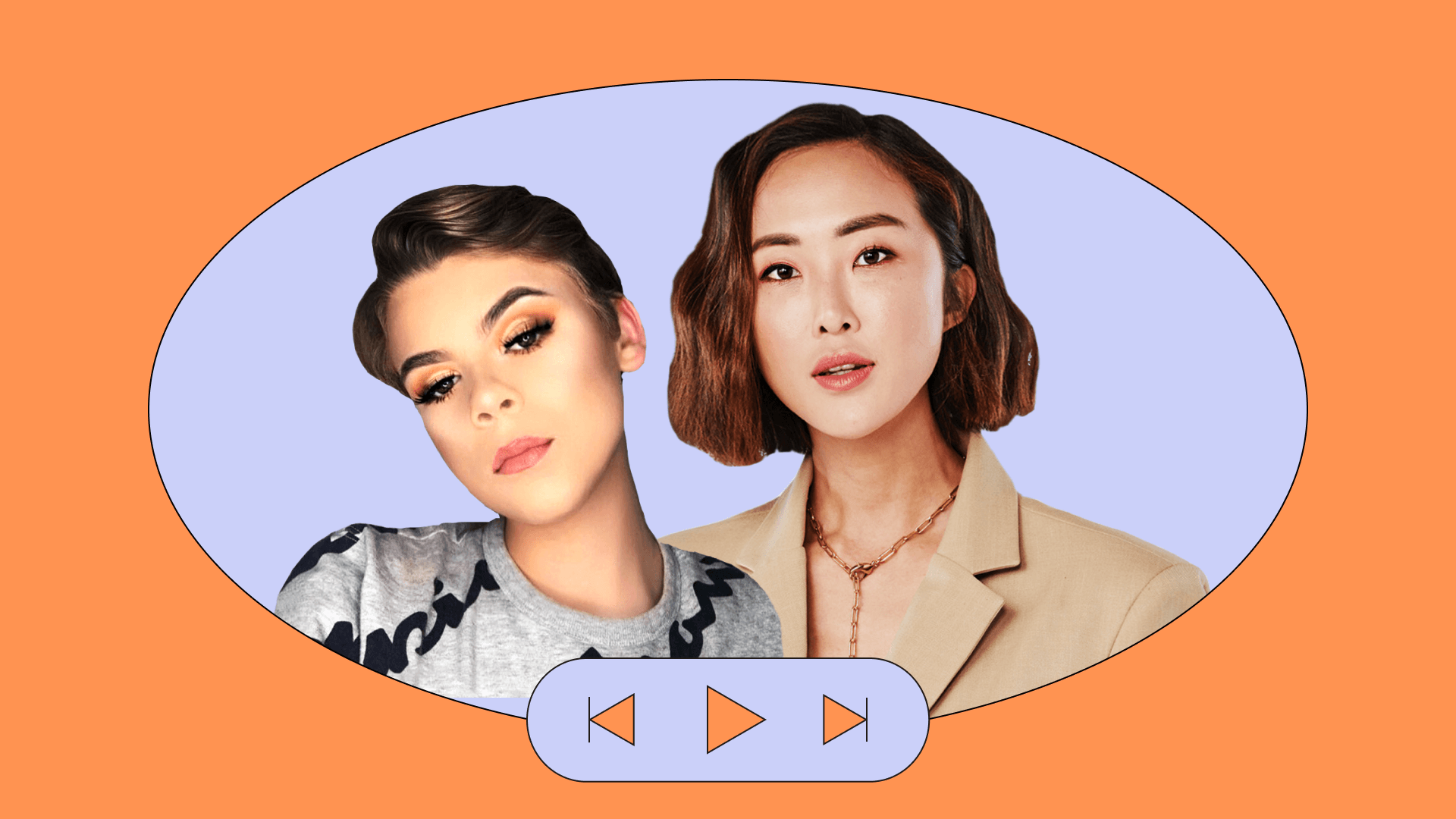 Decorative image with Chriselle Lim and Seth OBrien headshots above rewind, play and fast forward symbols
